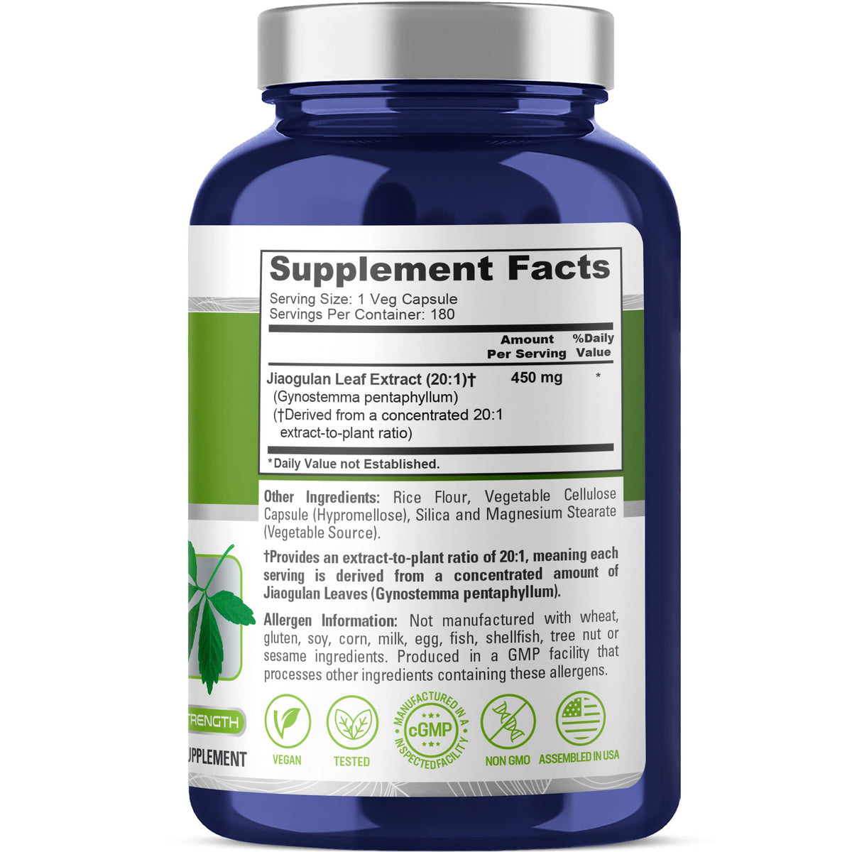 NusaPure Jiaogulan 20:1 Extract, 450 mg 180 Veggie Capsules (Vegetarian, Non-GMO, Vegan) Gynostemma Pentaphyllum