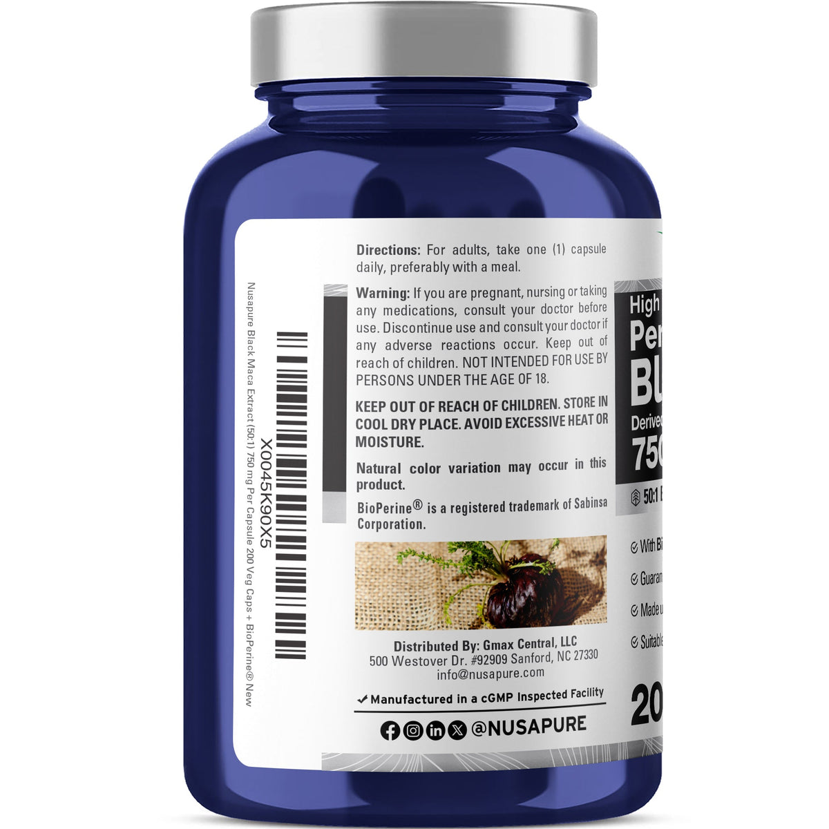 NusaPure Peruvian Black Maca Root Extract 750mg 50:1 - Suitable for Vegetarian/Vegan, Non - GMO - 37500 mg - 200 Capsules