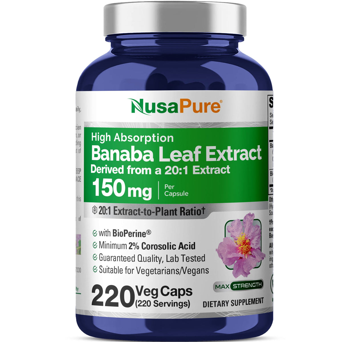 NusaPure Banaba Leaf, 150 mg, 220 Veg Capsules (Non-GMO, Vegan)