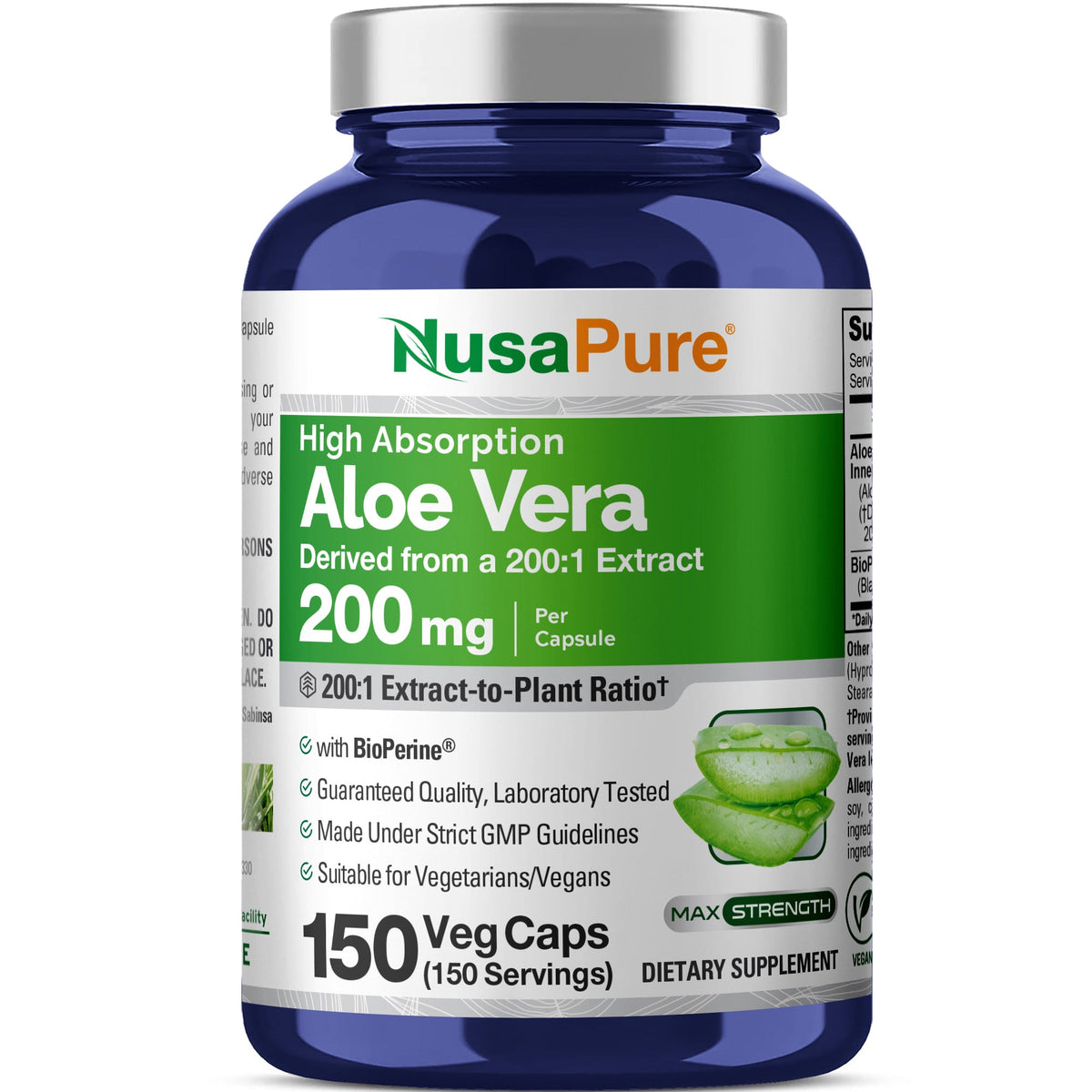 NusaPure Aloe Vera 200mg Per Veggie Caps - 150 Count - Aloe Vera Gel Supplement - Extract 200:1, Vegetarian, Non-GMO, Bioperine