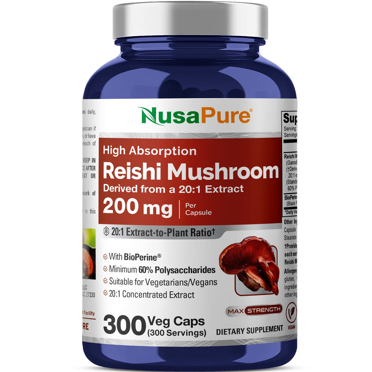 Reishi Mushroom, Non-GMO, Vegan, 200mg, 300 Veg Capsules - 300 Servings
