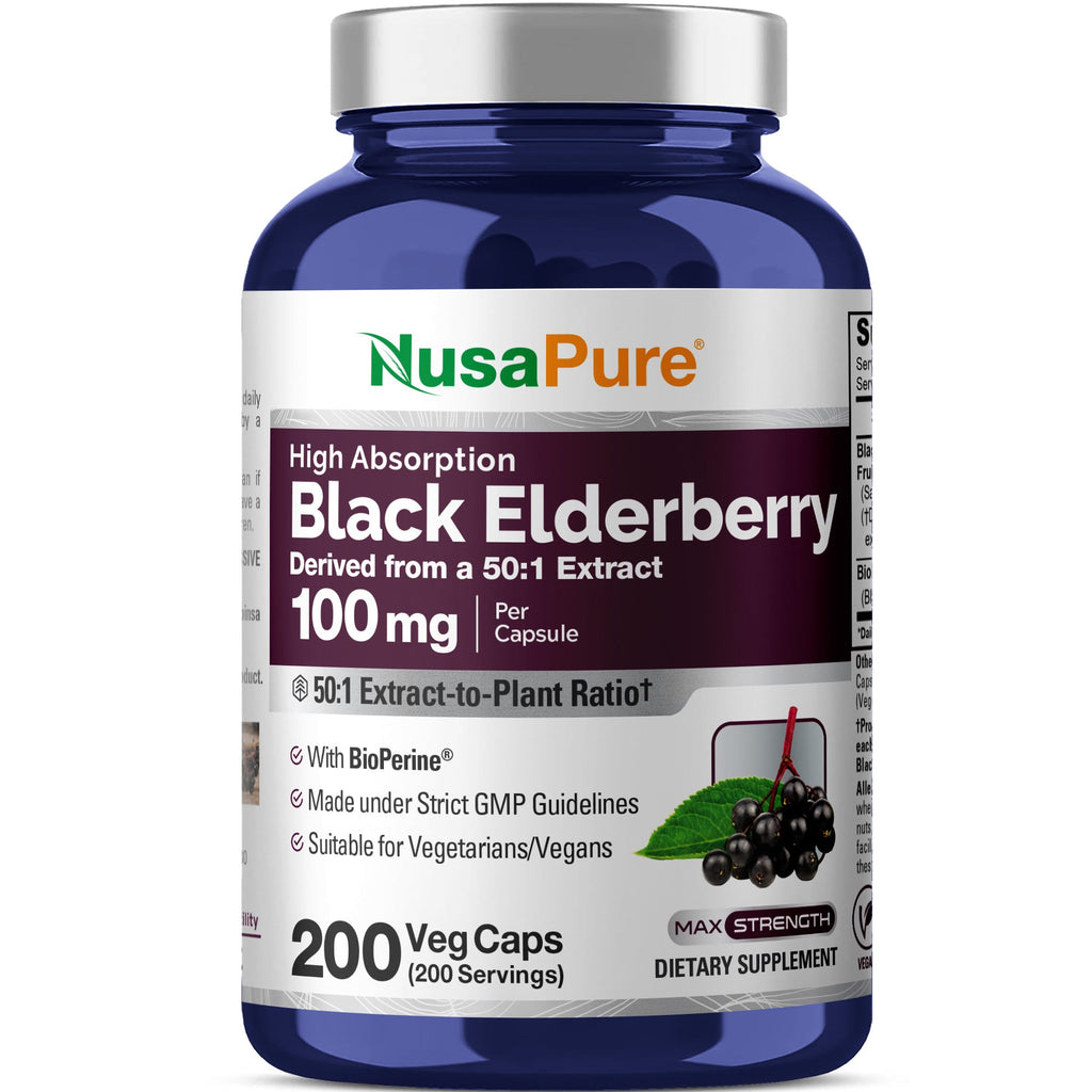NusaPure Black Elderberry 50:1 Extract, 100 mg per Veggie Capsules, 200 Count (Vegan, Non-GMO, Bioperine) Dietary Supplement