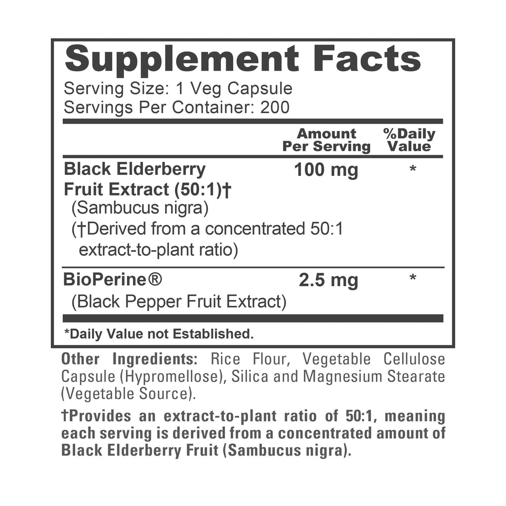NusaPure Black Elderberry 50:1 Extract, 100 mg per Veggie Capsules, 200 Count (Vegan, Non-GMO, Bioperine) Dietary Supplement