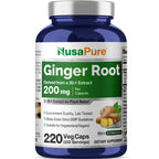 NusaPure Ginger Root Capsules 20:1 Extract, 200 mg per Veggie Caps | 220 Count | Non-GMO