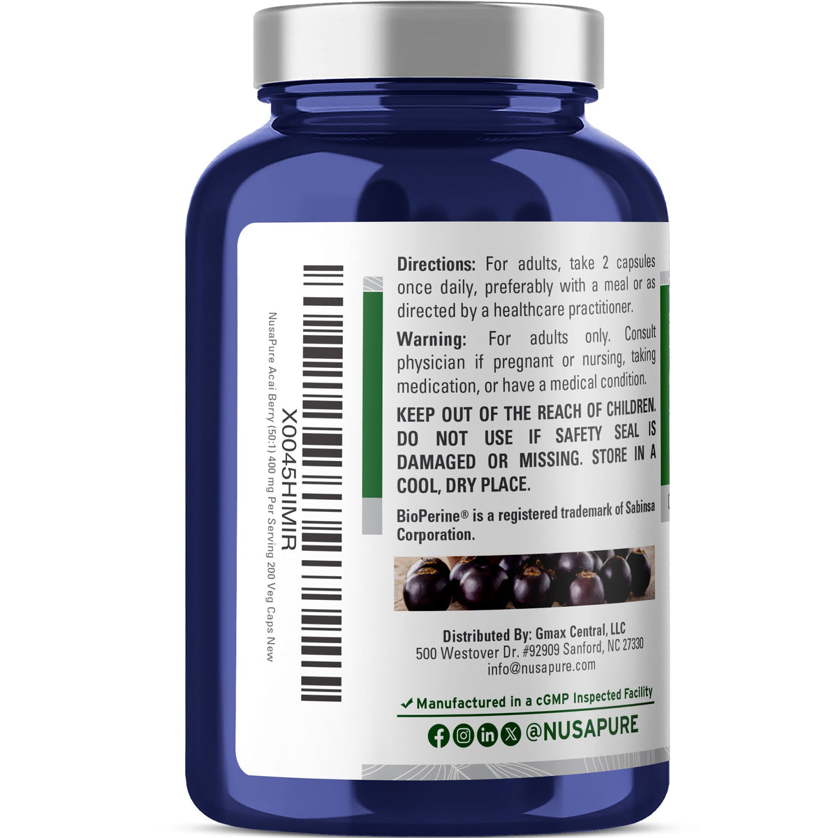 NusaPure Acai Berry, 400 mg, 200 Veg Capsules (Non-GMO, Vegan)