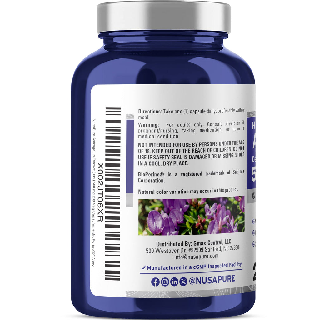 NusaPure Astragalus Root 30:1 Extract, 500 mg 200 Veg Caps Suitable for Vegetarians and Vegans, Non-GMO