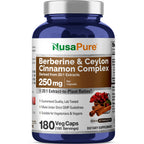 NusaPure Berberine with Ceylon Cinnamon 20:1 Extract, 250 mg 180 Veggie Capsules, Vegetarian, Non-GMO Supplement, (Berberine Complex)