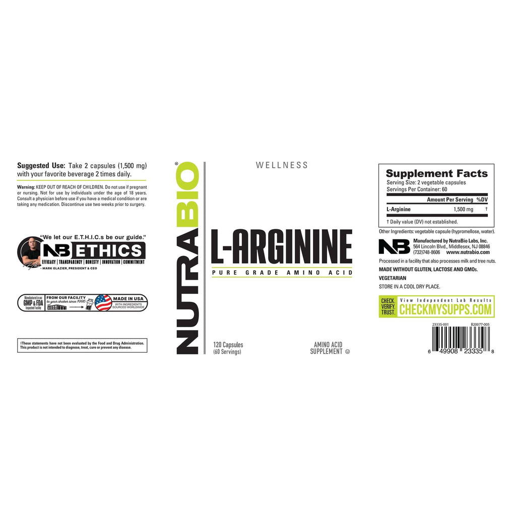 NutraBio L-Arginine - 120 Capsules