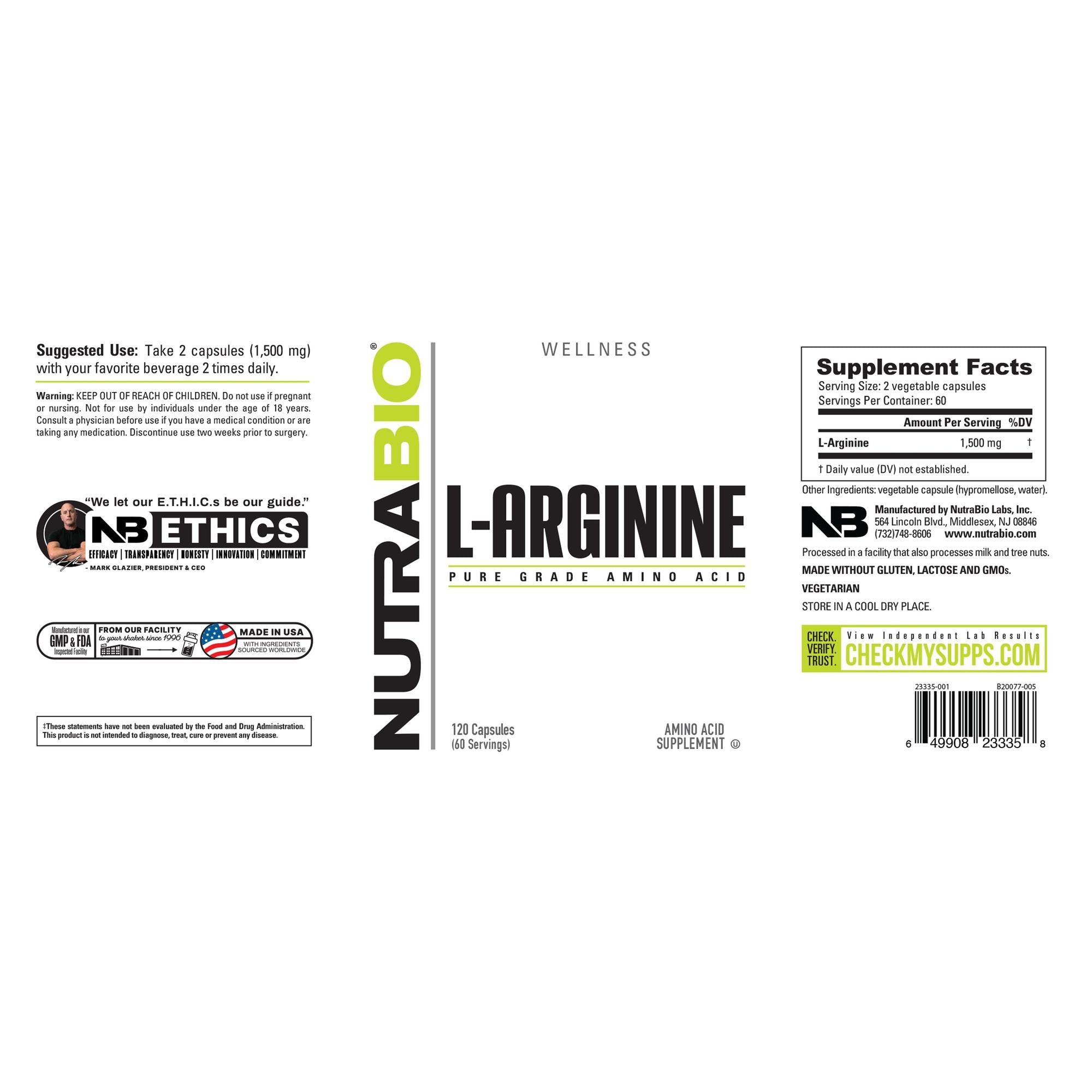 NutraBio L-Arginine - 120 Capsules