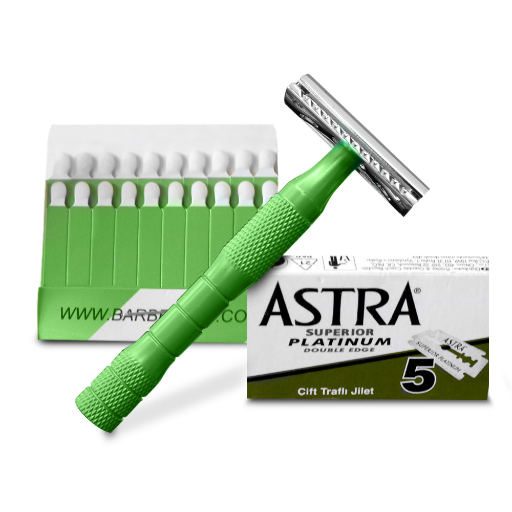BarberUpp,Razor For Men, Long Handle (Brass) Safety Razor,Free Styptic Sticks,Astra Razor Blades Included, Single Blade Razor Perfect Addition To Your Safety Razor Kit.