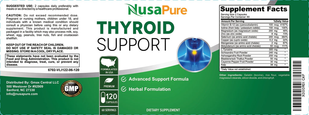NusaPure Thyroid Support Supplement (Non-GMO) 120 caps, Ashwaganda, Iodine, Zinc, kelp, Vitamin B12, L-Tyrosine, Selenium, Copper