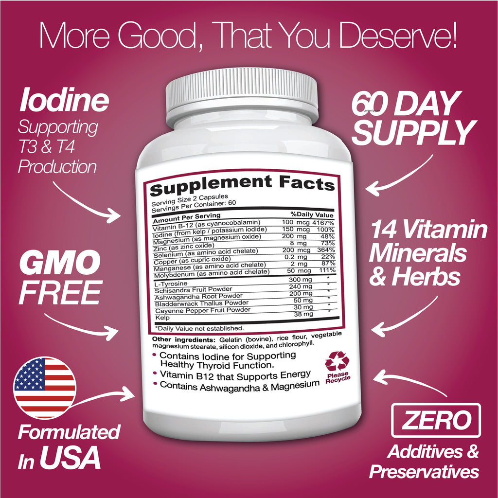 Thyroid Support Supplement with Iodine |120 Capsules to Help Body Mass & Improve Energy