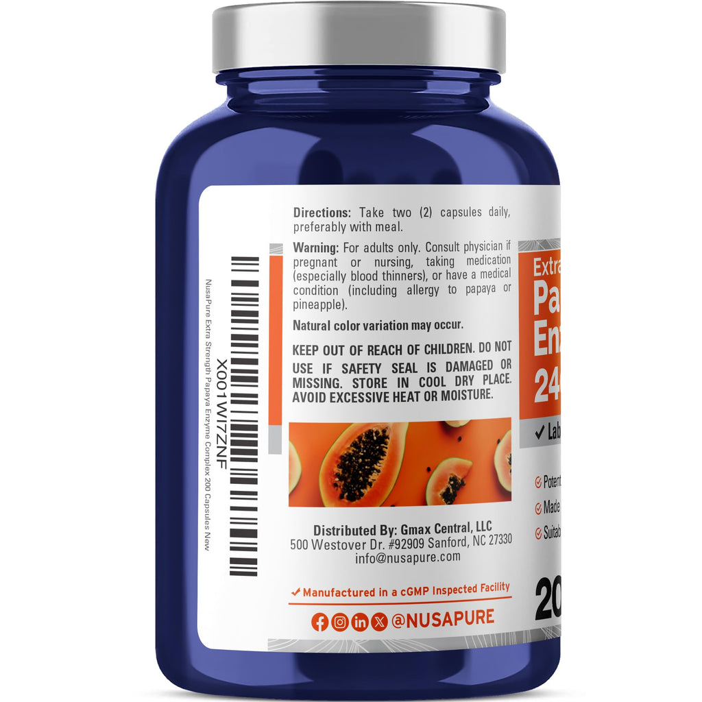 NusaPure Papaya Papain Enzyme Complex 240,000 PU - 200 Veggie Caps - Suitable for Vegetarian, Vegan Non-GMO