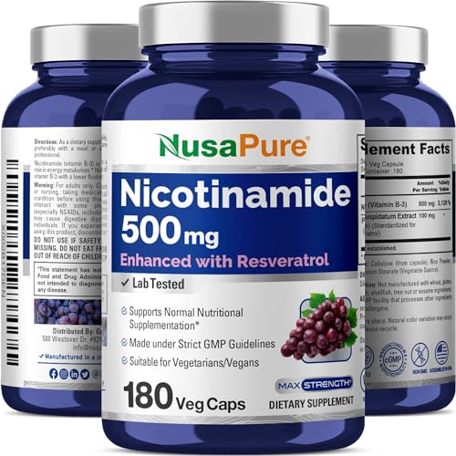 NusaPure Nicotinamide with Resveratrol (Vitamin B-3) 500 mg - 180 Vegetarian Caps (Non-GMO & Vegan)