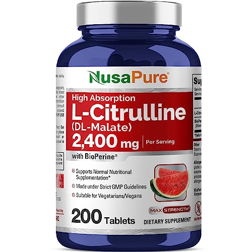 NusaPure L-Citrulline 2,400mg 200 Vegetarian Tablets (Non-GMO, Gluten Free, 100-Day Supply, Bioperine)