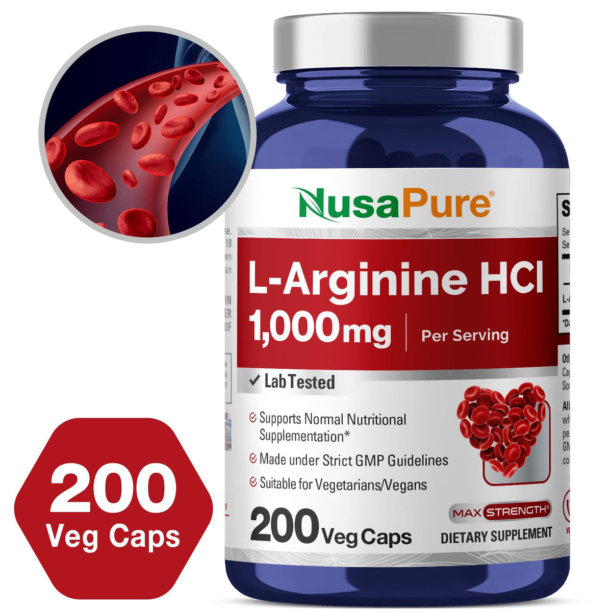 NusaPure L-Arginine 1000 mg 200 Veggie Capsules (Non-GMO, Vegetarian, Vegan)