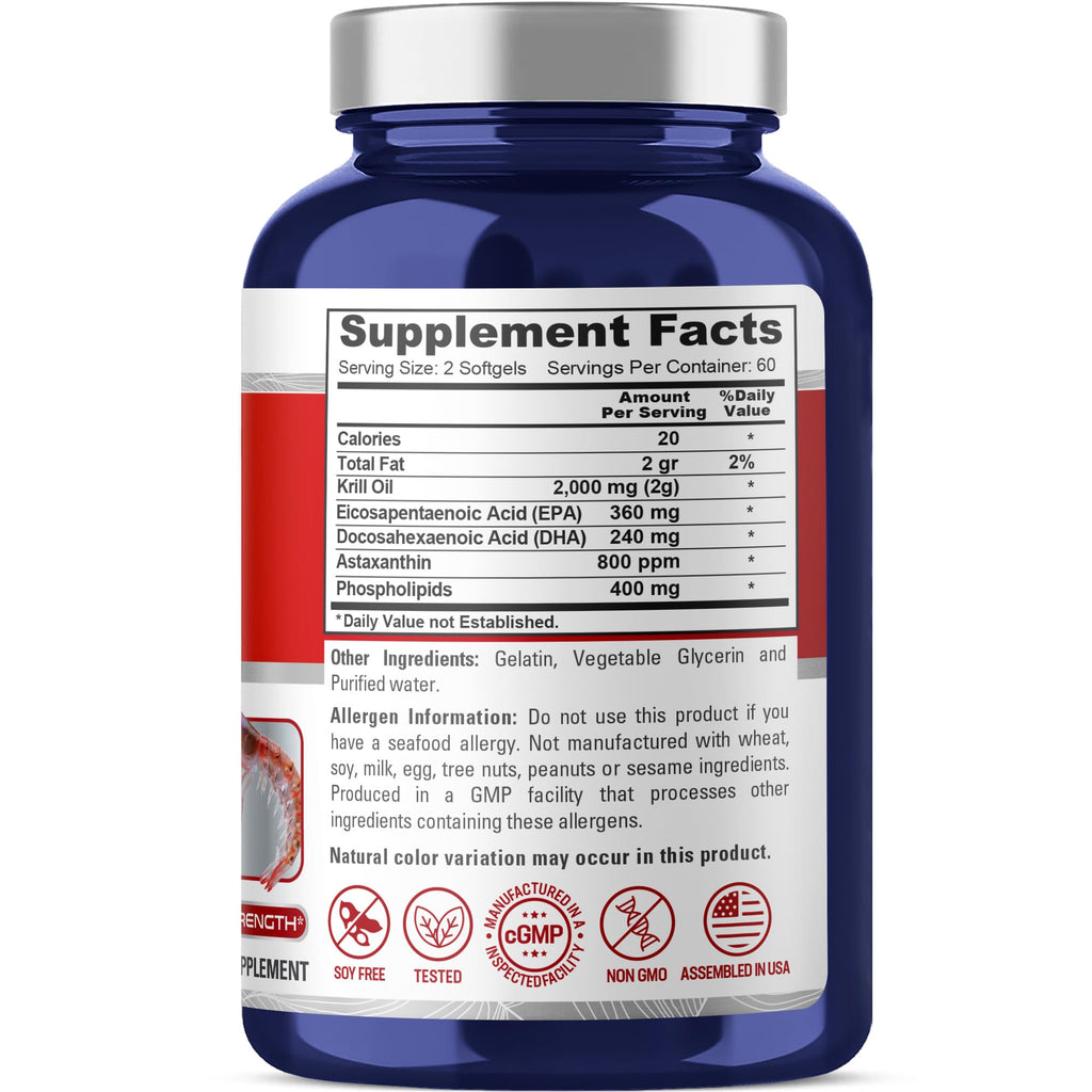 NusaPure Antarctic Krill Oil 2000 mg 120 Softgels, Omega-3 EPA 360mg, DHA 240mg, Soyfree Astaxanthin Supplement Sourced from Krill 800ppm