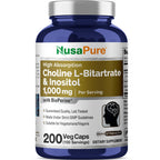 NusaPure Choline & Inositol - Suitable for Vegetarian/Vegan, Non - GMO - 1000mg - 200 Veggie Capsules