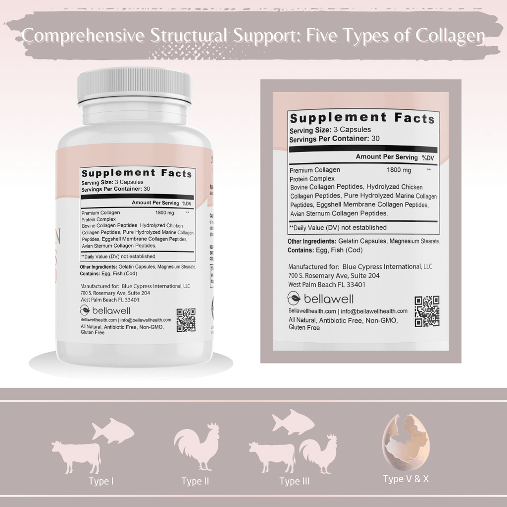 Collagen Peptides Types I, II, III, V, X by Bellawell