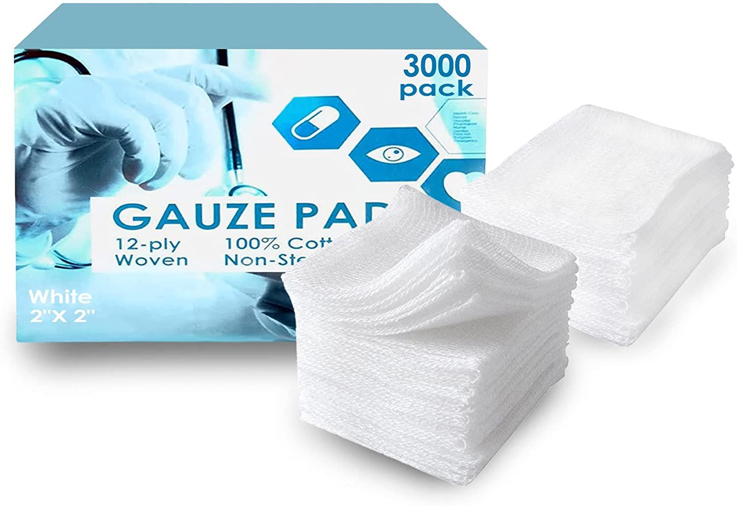 gauze Sponges 3 x 3 Pack of 2400 Non-Sterile 100% Woven cotton Pads for Wounds cleaning Medical 12-ply gauze Dressings Disposabl