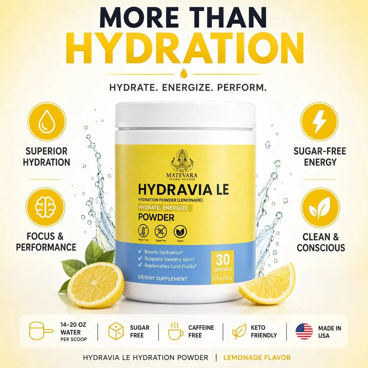 Hydravia Le Hydration Powder | Sugar-Free Lemonade | 30 Servings