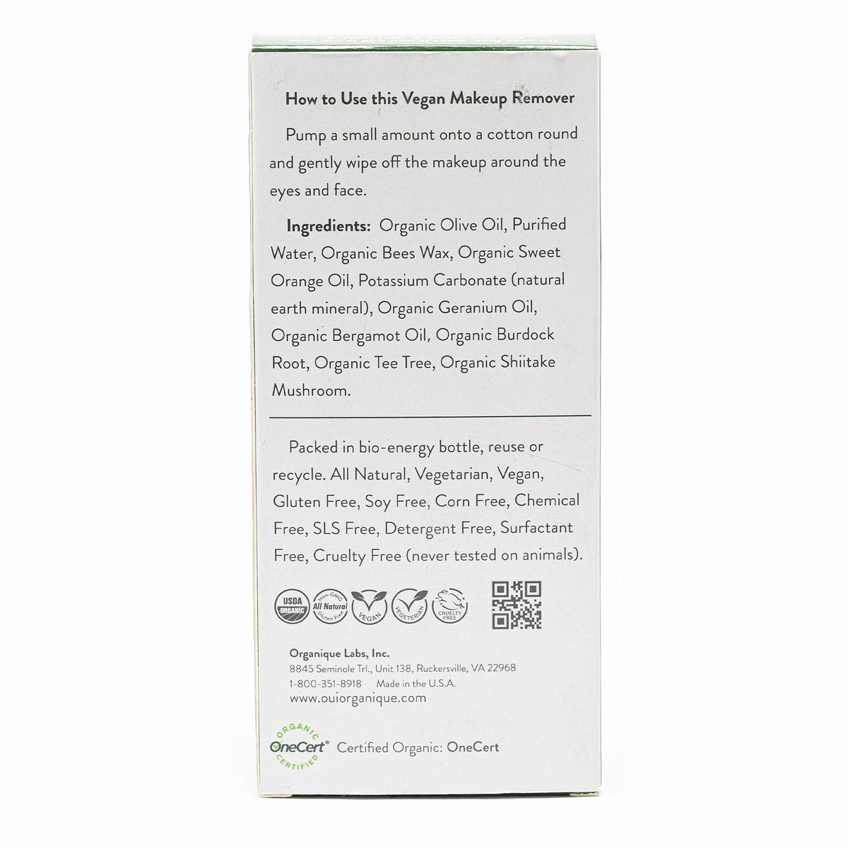 Certified Organic Double action makeup remover Detoxifies the skin Alcohol free