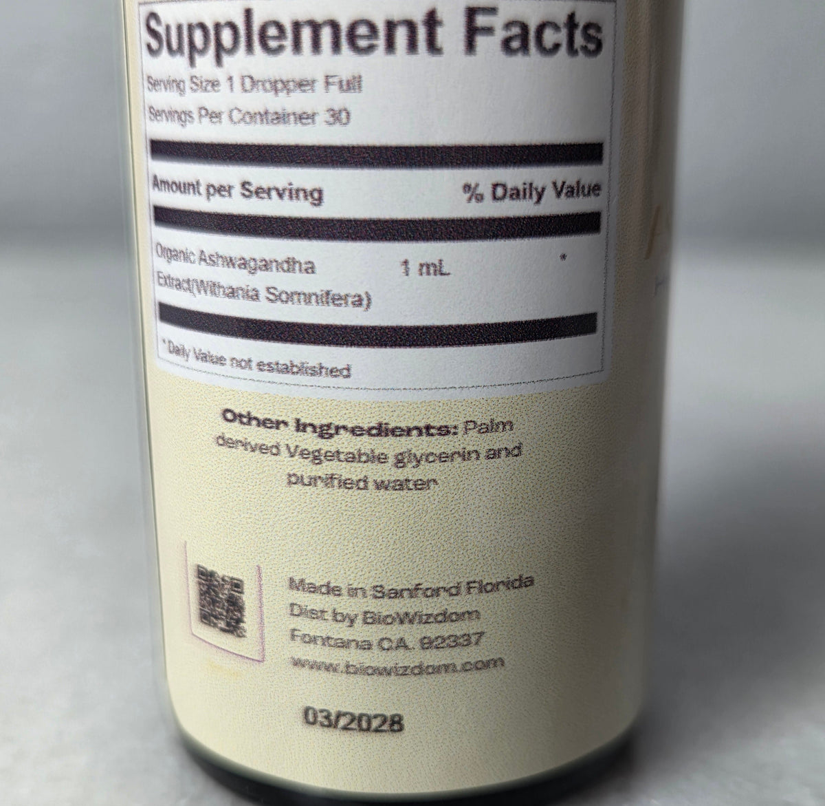 BioWizdom Ashwagandha Tincture 1 oz Bottle